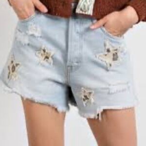 Easel Light Denim Frayed Edge Shorts